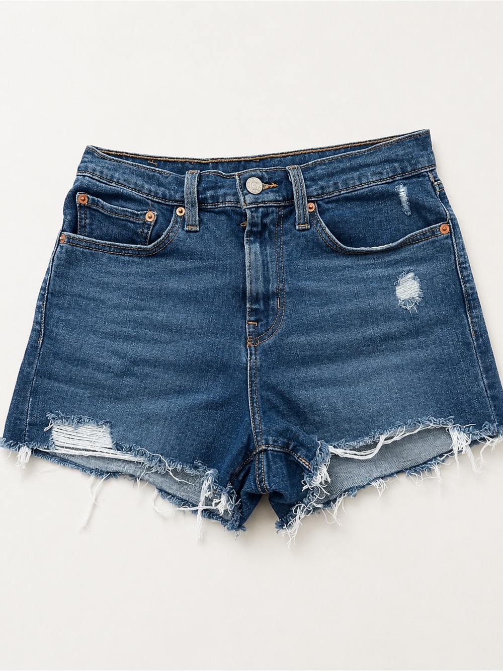 Levi's Dark Blue Distressed Frayed Hem Denim Shorts